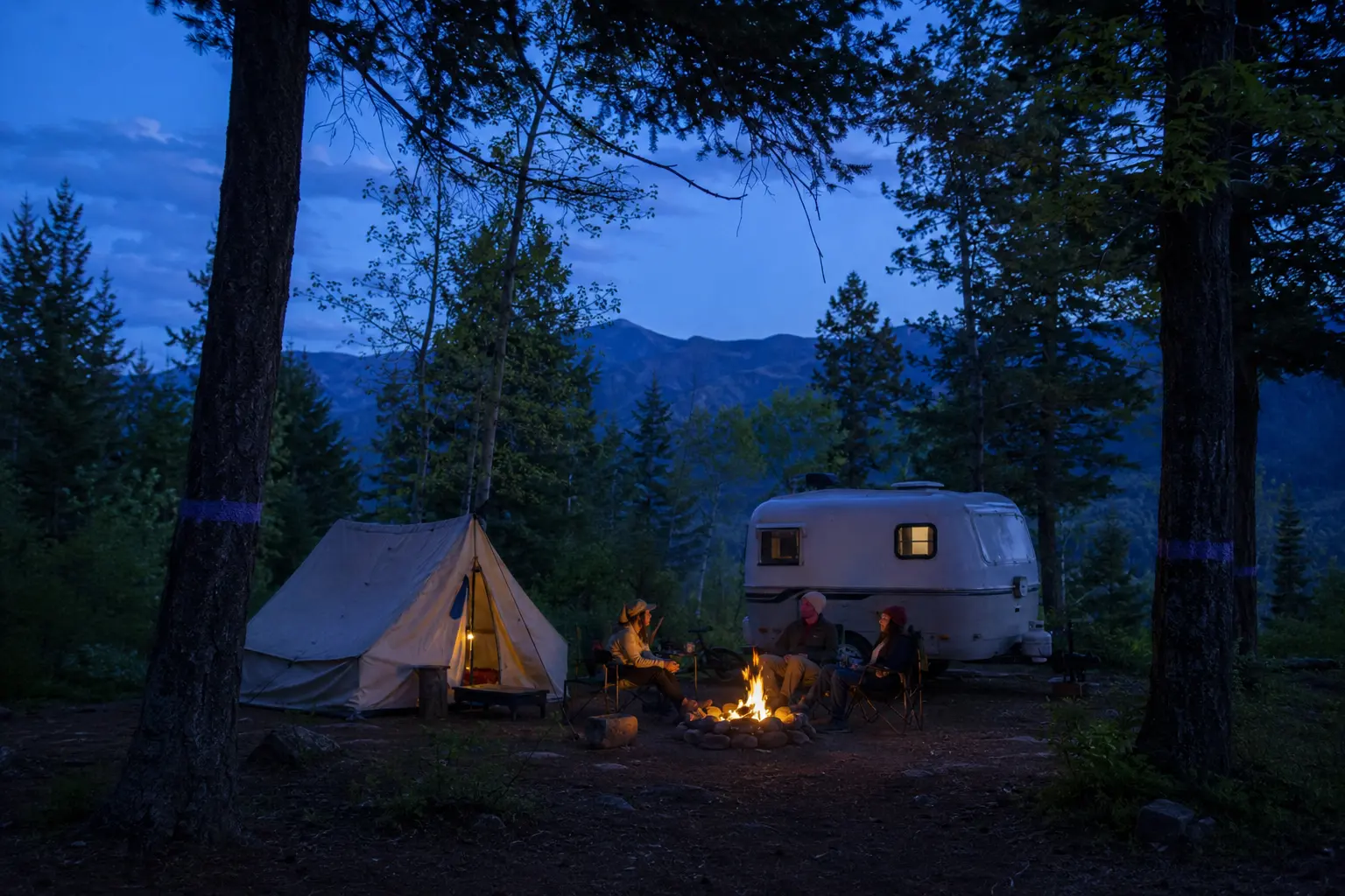 A quiet campsite at twilight with a glowing campfire