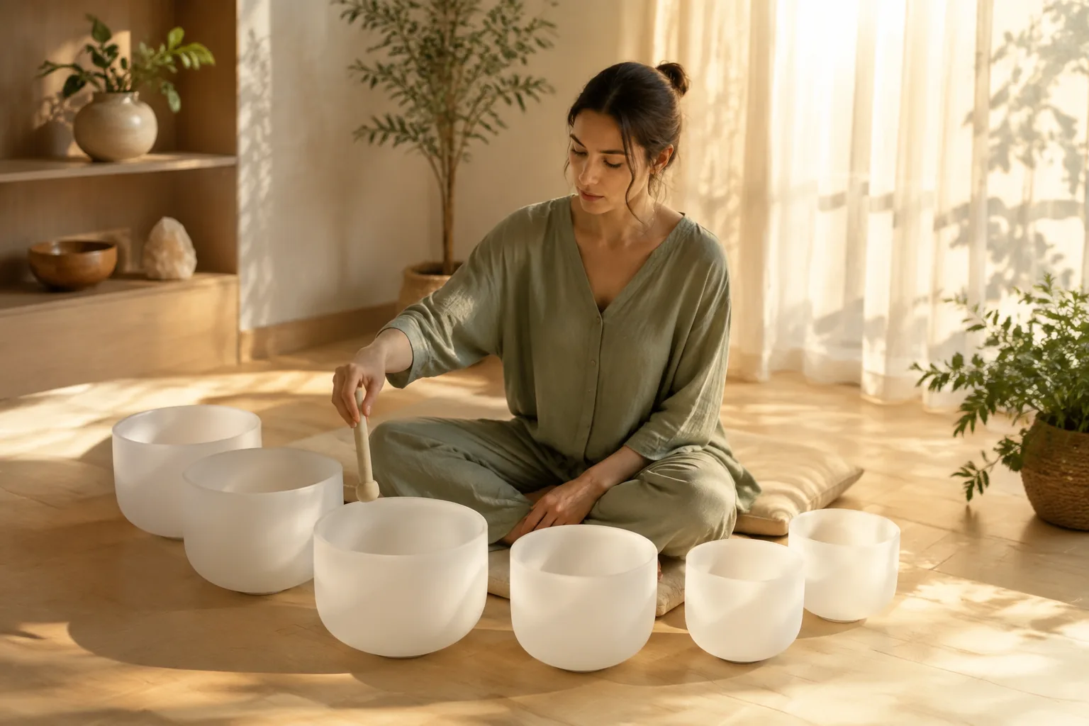 A practitioner seated on the floor playing a circle of crystal singing bowls in a sunlit room